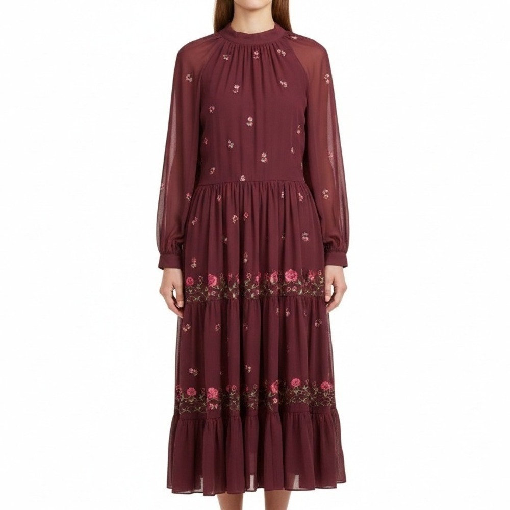 ASOS‎ DESIGN Burgundy Floral Embroidered Tiered Maxi Dress Tie Neck Wine Size 10